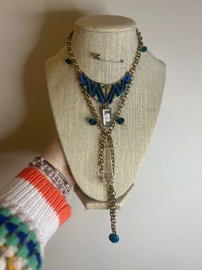 Handmade Upcycled Boho Blue Chevron Statement Necklace
